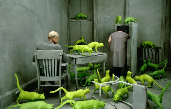 Pair, obsessions, green cats, Sandy Skoglund, the grey room