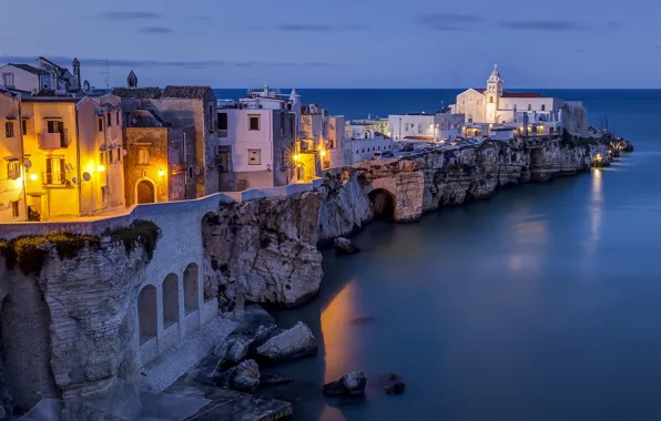 Sea, rocks, building, Italy, Italy, Apulia, The Adriatic sea, Adriatic Sea
