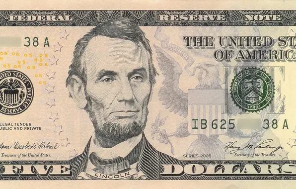 Lincoln, note, five, dollar, united, reserve, federal dollars