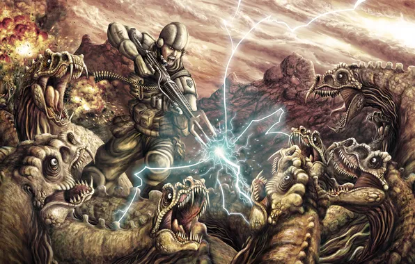 Lightning, battle, Soldiers, dinosaurs, armor, rifle, surrounded by