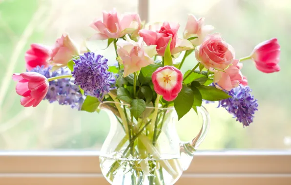 Picture roses, bouquet, tulips, pitcher, hyacinths