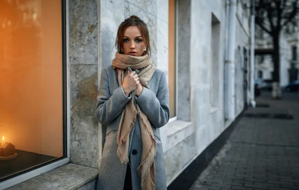 Picture autumn, street, the building, Girl, window, coat, Alexander Kurennoy