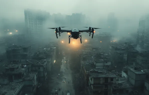 Flight, the city, lights, fog, smoke, building, home, roof
