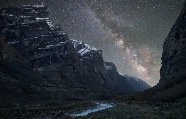 Sky, Stars, Landscape, Mountain, Night, Valley, Creek, Long Exposure