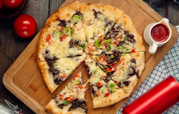 Greens, cheese, meat, pizza, tomatoes, sauce, tomatoes, ketchup