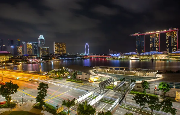 Night, lights, building, lights, Bay, Singapore