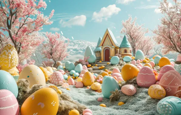The sky, clouds, trees, flowers, moss, eggs, spring, Easter