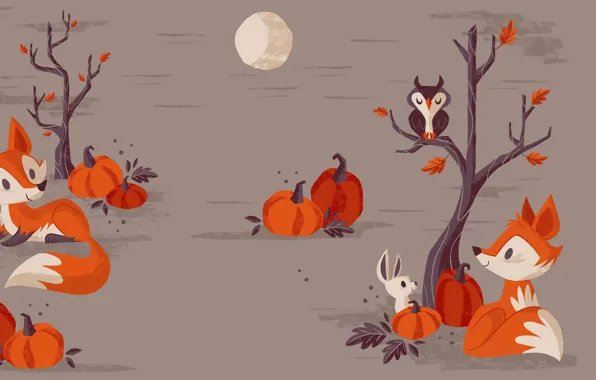 Picture night, holiday, the moon, vector, art, pumpkin, Halloween, Fox