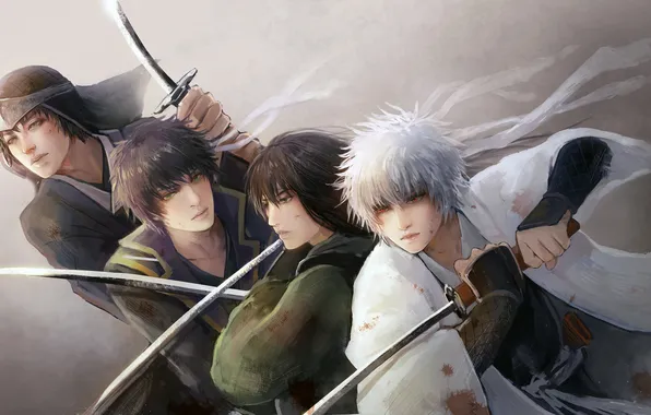 Picture blood, swords, red eyes, men, samurai, Gintama, Sakata Gintoki, Takasugi Shinsuke