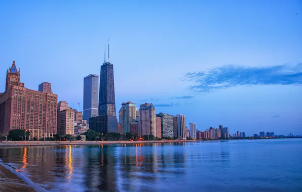 The city, the evening, Chicago, Illinois, lake Michigan