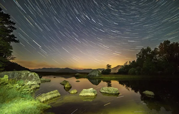 Stars, light, mountains, night, nature, lake, stones