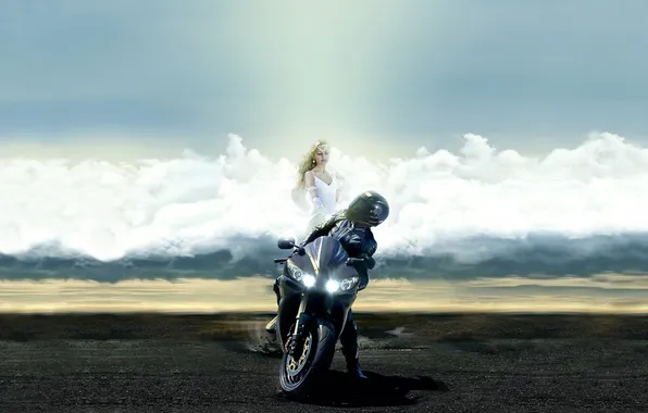 Picture HORIZON, The SKY, CLOUDS, HELMET, SPORTBIKE, ANGEL, COSTUME, The GUARDIAN