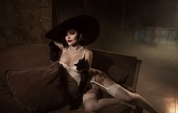 TATTOO, HAT, BRUNETTE, STOCKINGS, SOFA, LINEN, BEADS, GLOVES