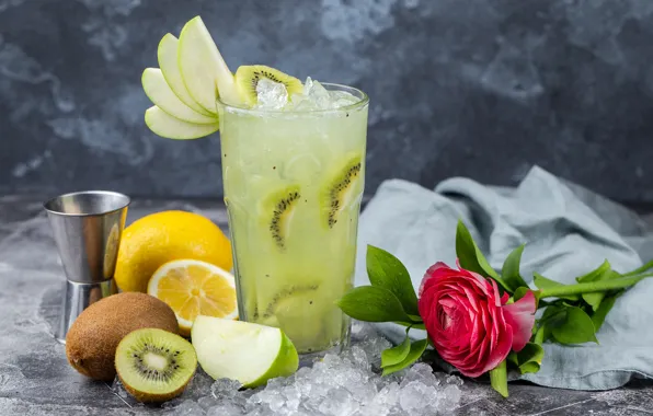 Ice, flowers, Apple, Cocktail, kiwi, fruit