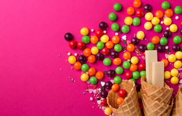 Picture candy, pink background, dessert, waffles, waffle cone