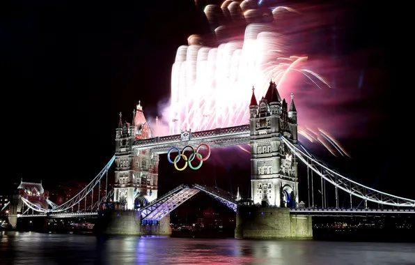 Night, bridge, London, fireworks, Tower bridge, London 2012, The Olympic rings