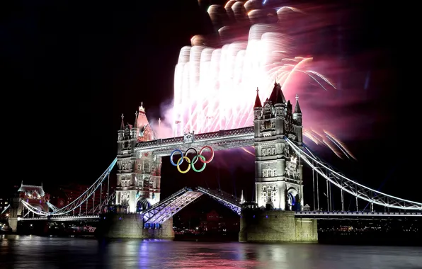 Night, bridge, London, fireworks, Tower bridge, London 2012, the Olympic rings