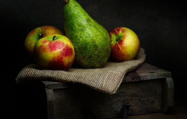 Apples, pear, still life, burlap