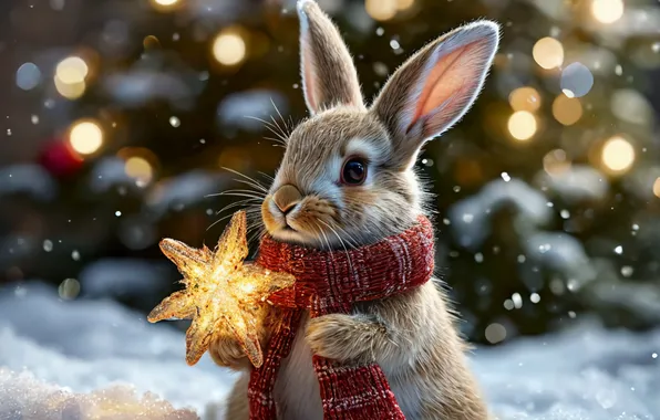 Rabbit, Snow, Star, New year, Tree, Beauty, Hare, Bokeh