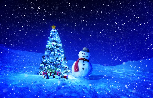 Winter, snow, snowflakes, night, holiday, toys, tree, gifts