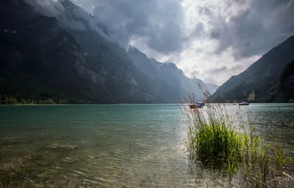 Mountains, clouds, lake, Switzerland, Klöntalersee