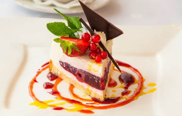 Berries, chocolate, strawberry, plate, cake, cake, light background, red