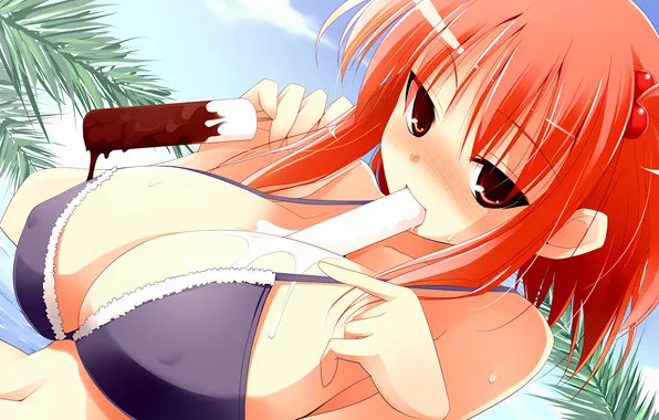 Girl, sexy, wet, cleavage, beach, erect nipples, red hair, boobs