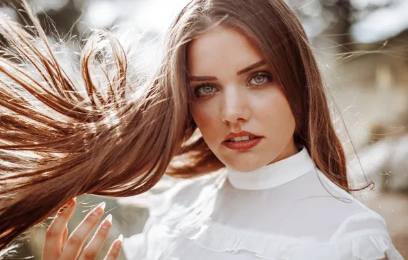 Look, model, portrait, makeup, hairstyle, brown hair, beauty, in white