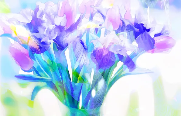 Picture leaves, rendering, bouquet, petals, Bank, irises