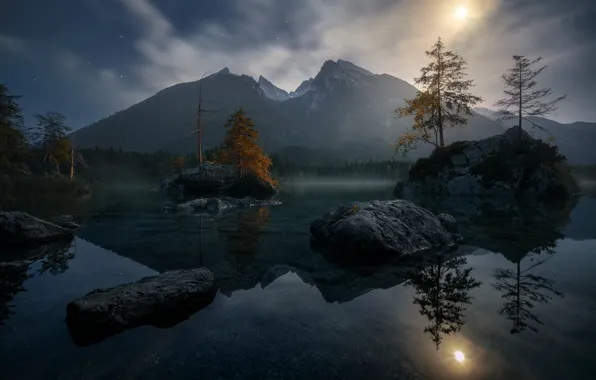 Autumn, forest, clouds, light, trees, lake, reflection, stones