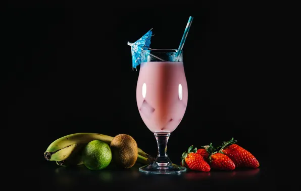 Picture umbrella, glass, kiwi, strawberry, berry, bananas, cocktail, lime