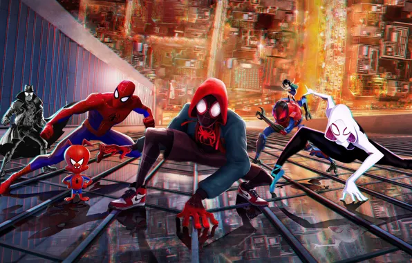 Picture the city, fiction, the building, cartoon, height, art, characters, Spider-man: universes