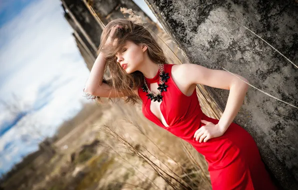 Girl, pose, figure, red dress, necklace