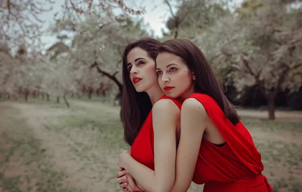 Picture girl, trees, model, garden, dress, hugs