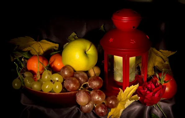 Autumn, leaves, Apple, grapes, lantern, tangerines, naturpur