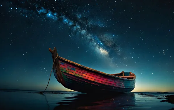 The sky, stars, night, shore, boat, The milky way, pond, wooden