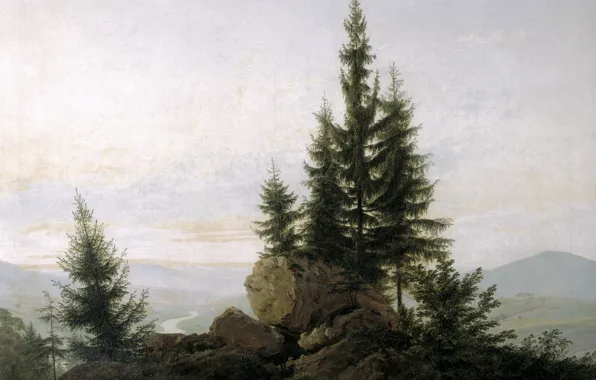 Trees, landscape, stones, picture, Caspar David Friedrich, View of the Elbe Valley