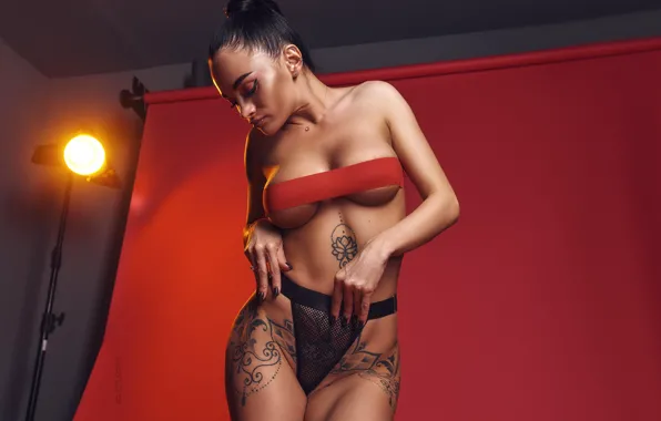 Chest, girl, pose, panties, hands, figure, brunette, tattoo