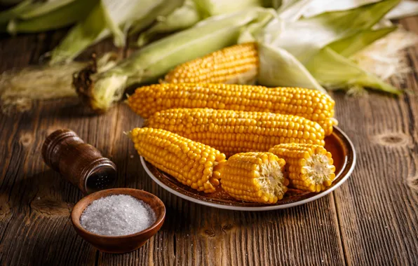 Corn, salt, the cob, pepper