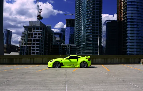 Picture green, Nissan, side, tuning, 370z, vossen wheels