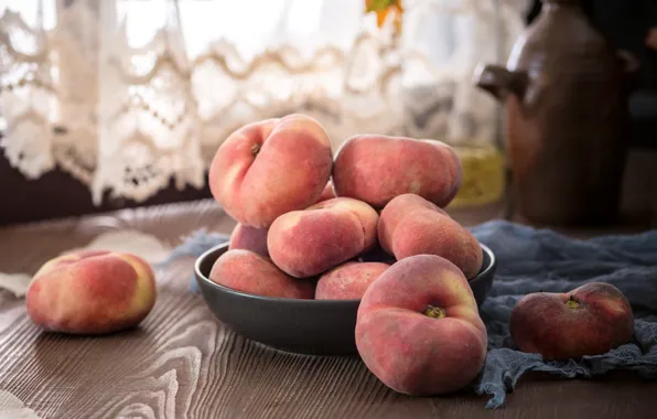 House, table, window, kitchen, curtains, pink, bowl, fruit