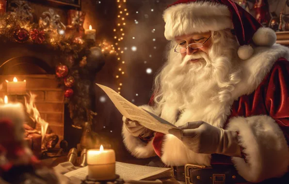 Letter, Christmas, New year, fireplace, Santa Claus, Santa Claus, reading, AI art