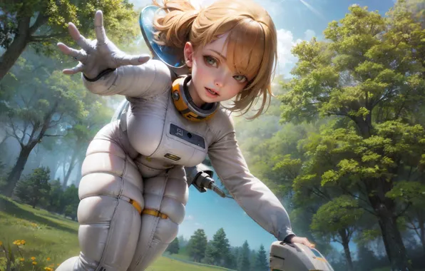 Forest, nature, movement, costume, gesture, digital art, digital art, astronaut
