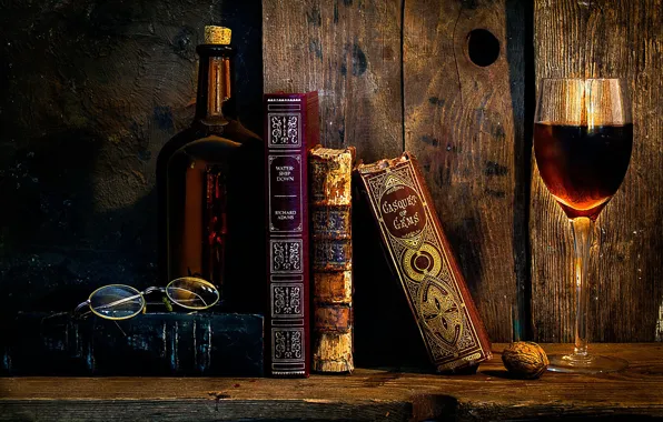 Retro, wall, books, picture, the evening, glasses, ART, red wine