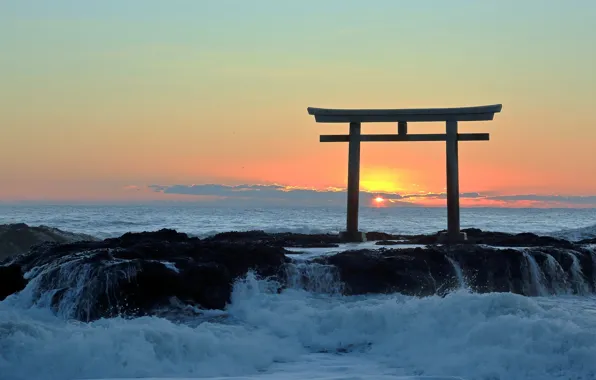 Sea, sunset, gate, Japan, surf, torii