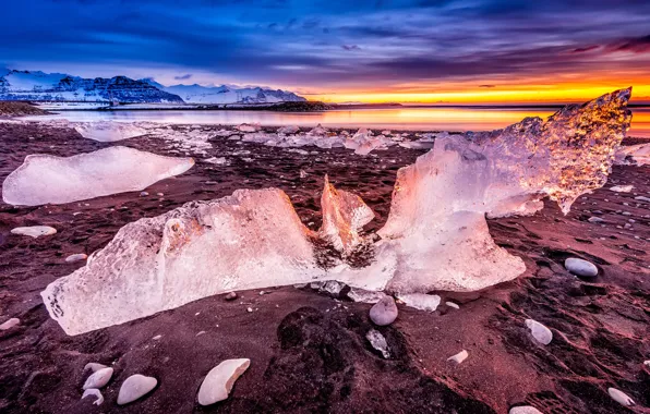 Ice, winter, the sky, clouds, sunset, mountains, clouds, blue