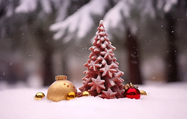 Picture winter, snow, decoration, balls, tree, New Year, Christmas, gifts