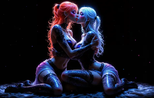 Women, kissing, AI art, high contrast