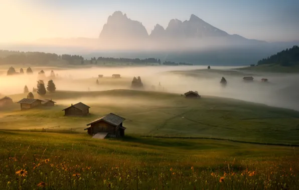 Fog, morning, village, Alps, house