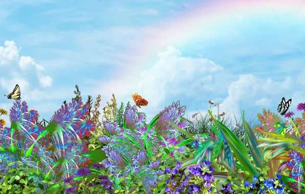 The sky, butterfly, flowers, mood, rainbow, art, Nature, Landscape.